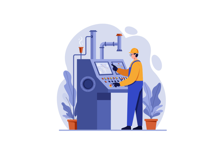 Worker operating industrial control panel in flat vector art example image 1