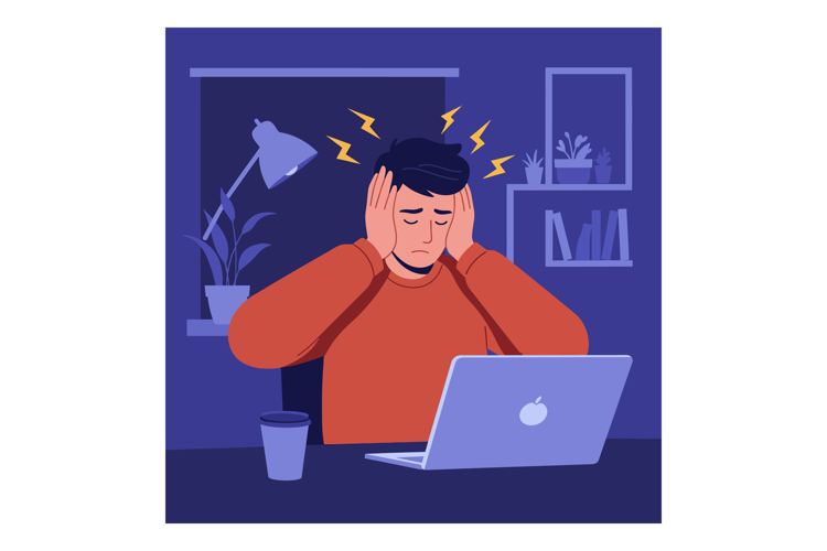 Frustrated man sitting at desk with laptop in flat, minimal