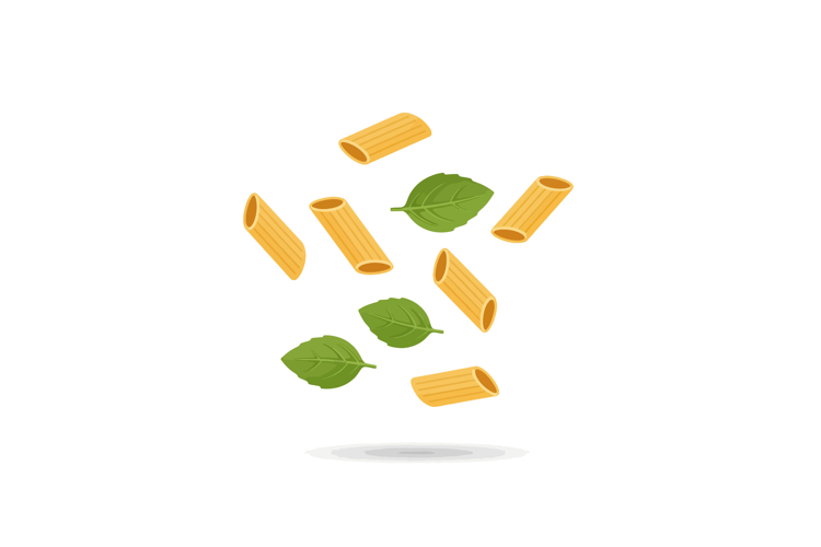 Colorful pasta rigatoni and fresh basil leaves in a playful