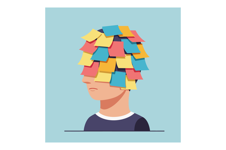A person with a colorful sticky note hairstyle in minimal fl