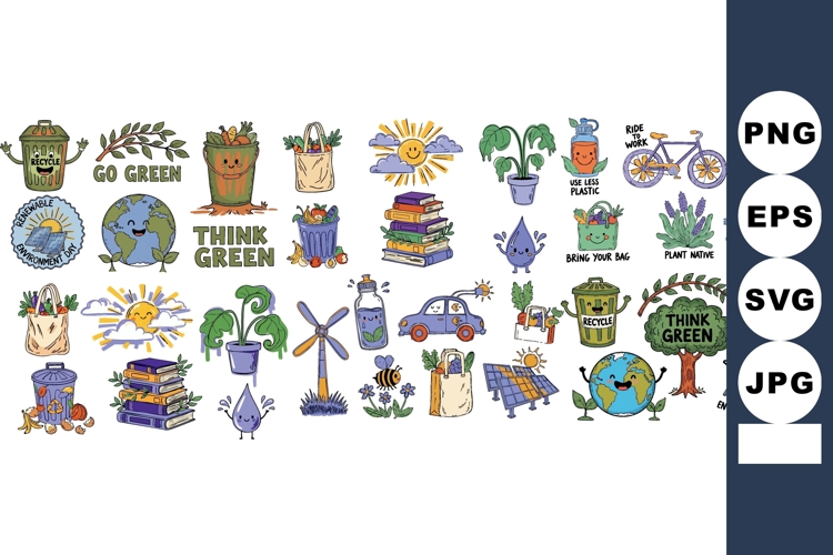 Whimsical Doodle Eco Icons with Smiling Earth & Recycle