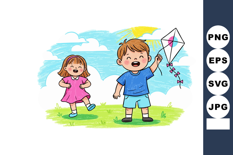 Children playing outdoors flying a kite on a sunny day in gr