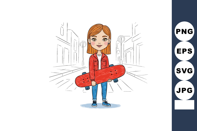 Girl holding red skateboard standing confidently in urban st