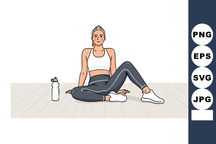 Fit young woman stretching on floor in sportswear with water