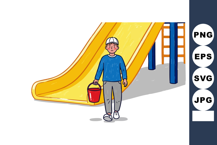 Boy walking with red bucket near yellow playground slide in