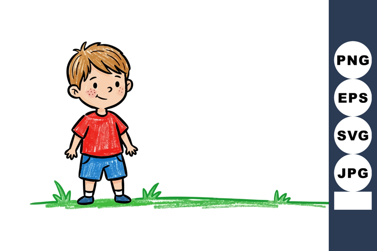Little boy standing outdoors in red shirt and blue shorts ve