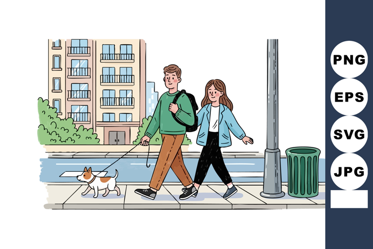 Young couple walking dog on city sidewalk urban lifestyle ou