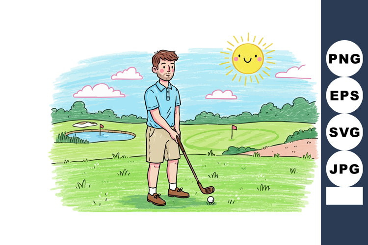 Young man playing golf on sunny green golf course summer day