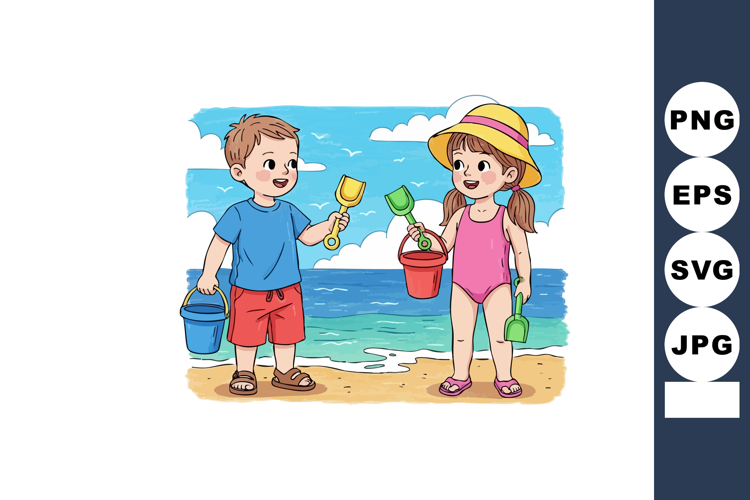 Children playing at the beach with pails and shovels buildin