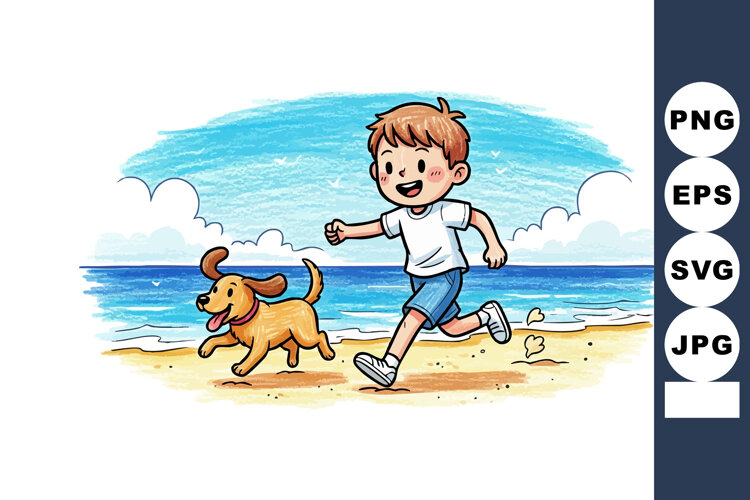 Boy running with dog on sandy beach near ocean under blue sk example image 1