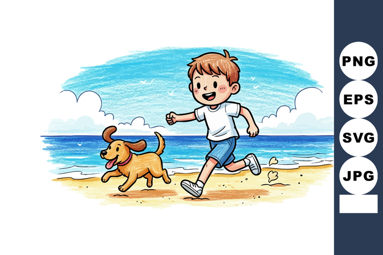 Boy running with dog on sandy beach near ocean under blue sk