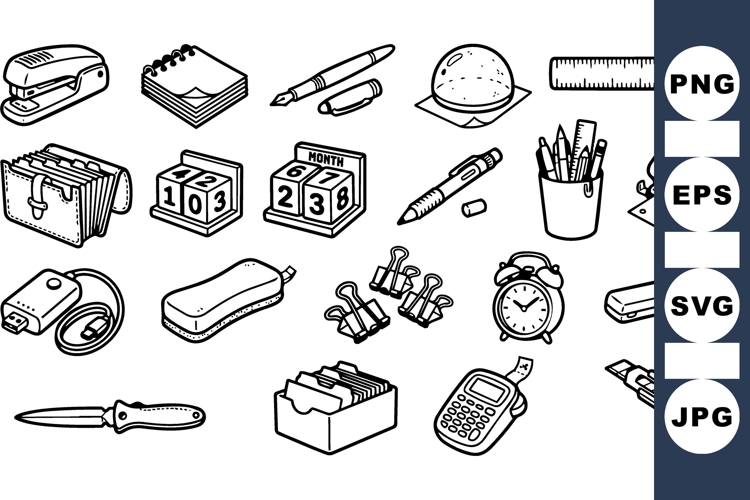 Hand Drawn Office Supplies Clipart Black And White Set