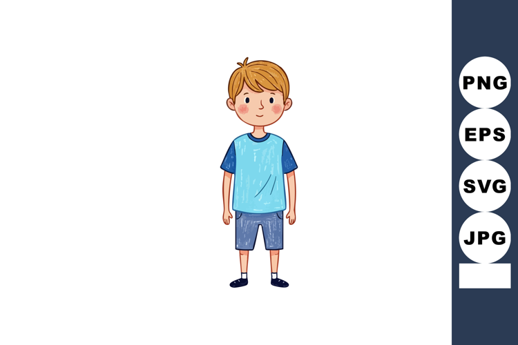 Cute young boy standing smiling in casual blue t-shirt and s