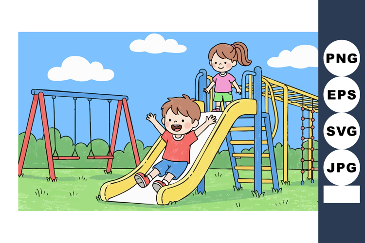 Children playing on yellow slide and playground equipment wi