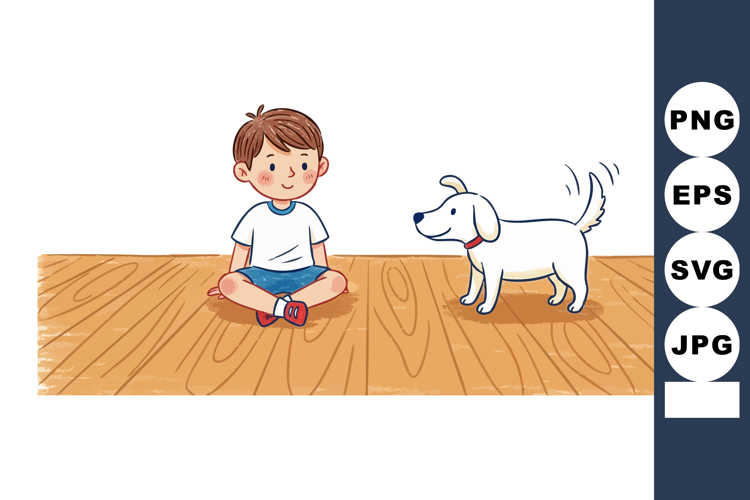 Boy sitting on wooden floor playing with happy white dog che