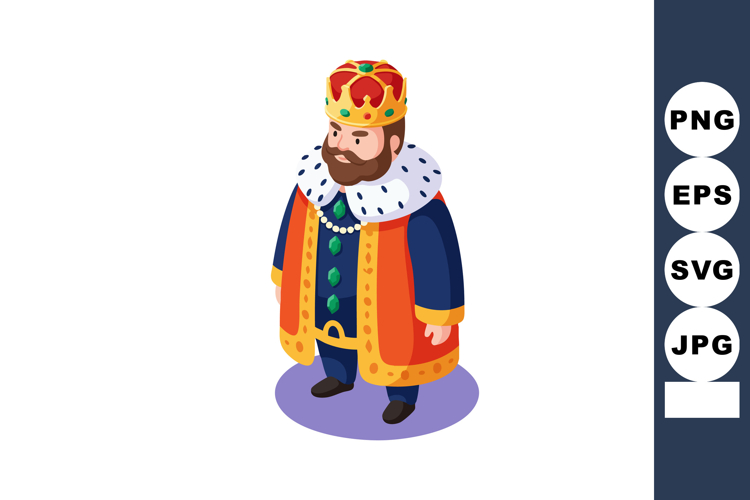 King wearing royal crown and colorful regal robe standing co