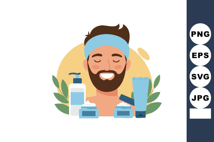 Man with beard and headband enjoying skincare routine with m example image 1