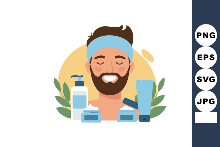 Man with beard and headband enjoying skincare routine with m