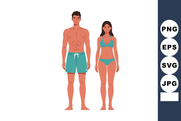 Man and Woman in Swimwear Standing Front View Summer Beachwe