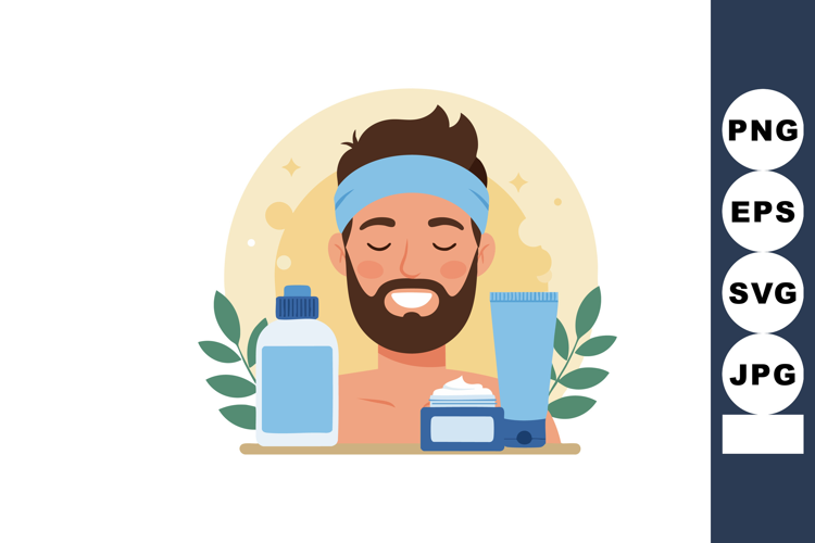 Beard man skincare routine with cream lotion and facial clea