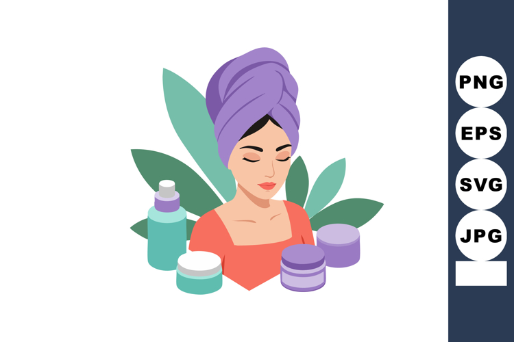 Woman with towel turban surrounded by skincare cream jars an