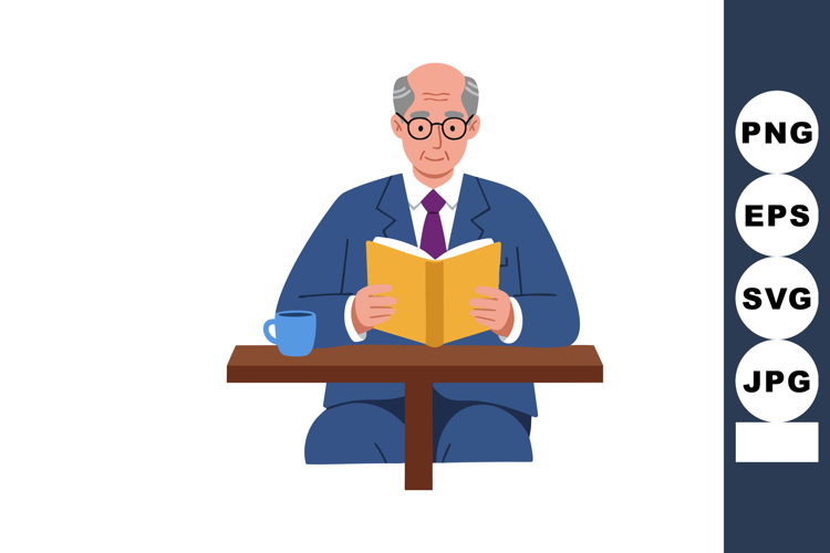 Elderly man reading book at table with coffee cup in blue su