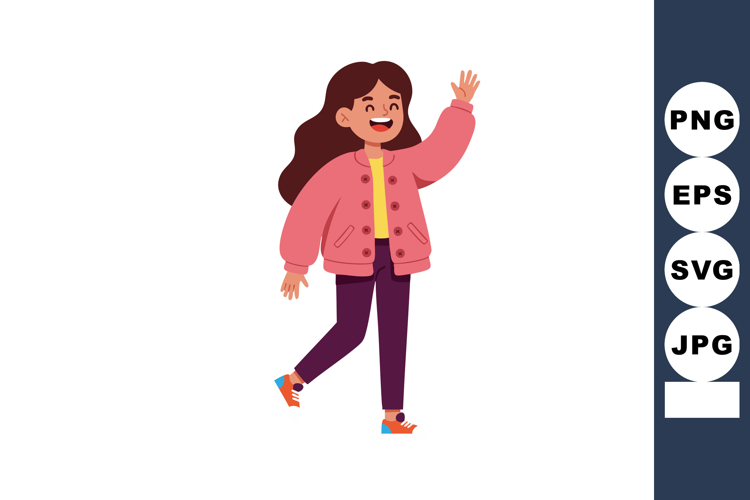 Girl waving hand happily wearing pink jacket and purple pant