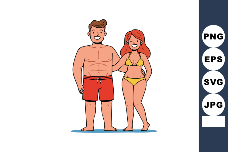 Summer couple enjoying beach day in swimwear with smiles and
