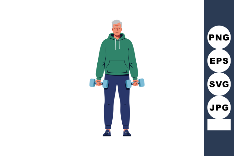 Older man exercising with dumbbells in casual sportswear fit