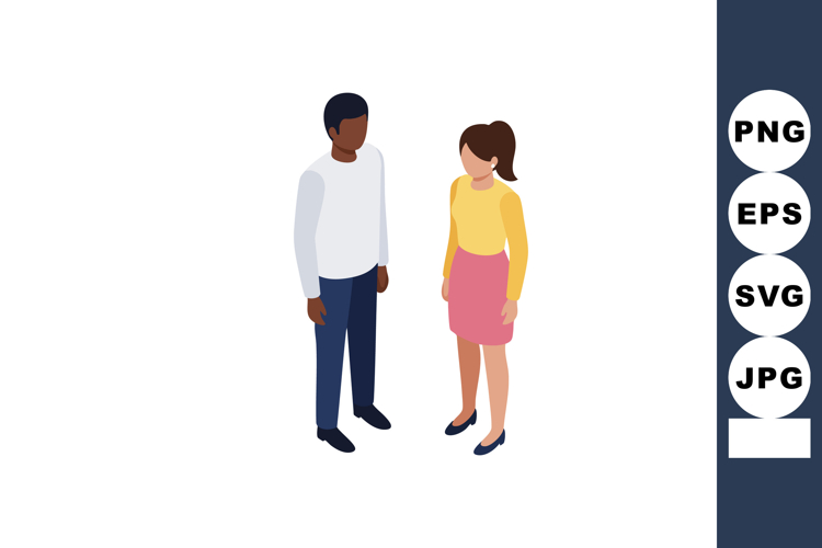 Two diverse people standing and talking in casual clothing v