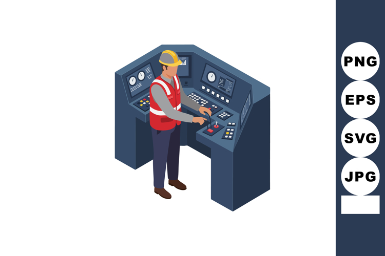 Worker operating control panel in industrial setting with sa