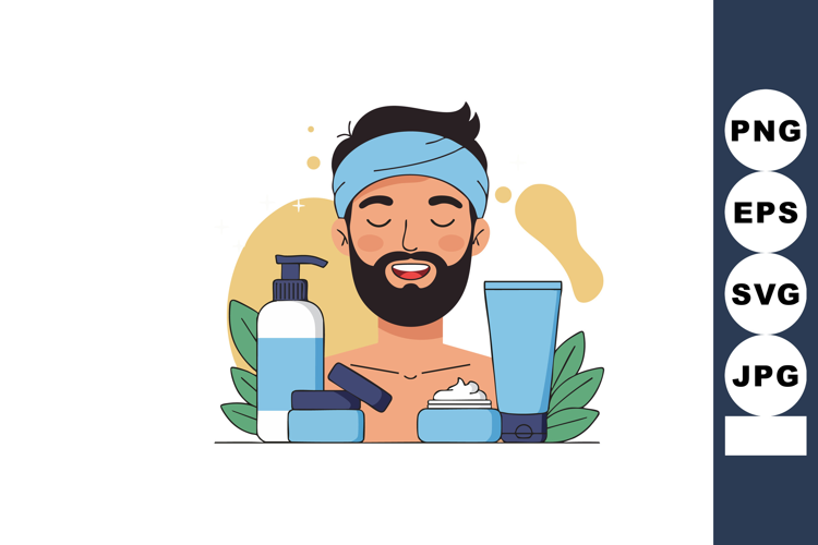 Man enjoying skincare routine with products for grooming and