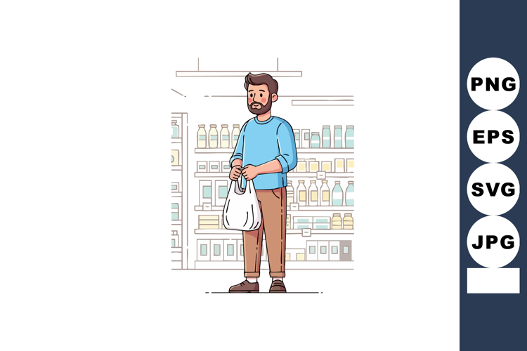 Man standing in shop holding shopping bag with shelves of pr