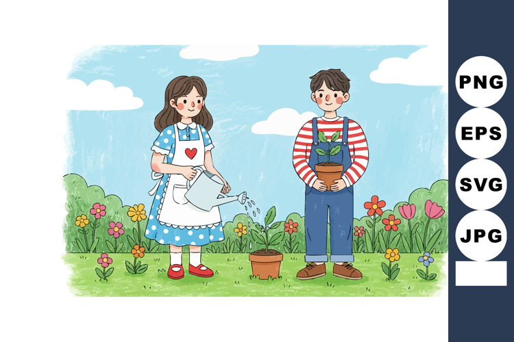 Children gardening together planting flowers in colorful gar