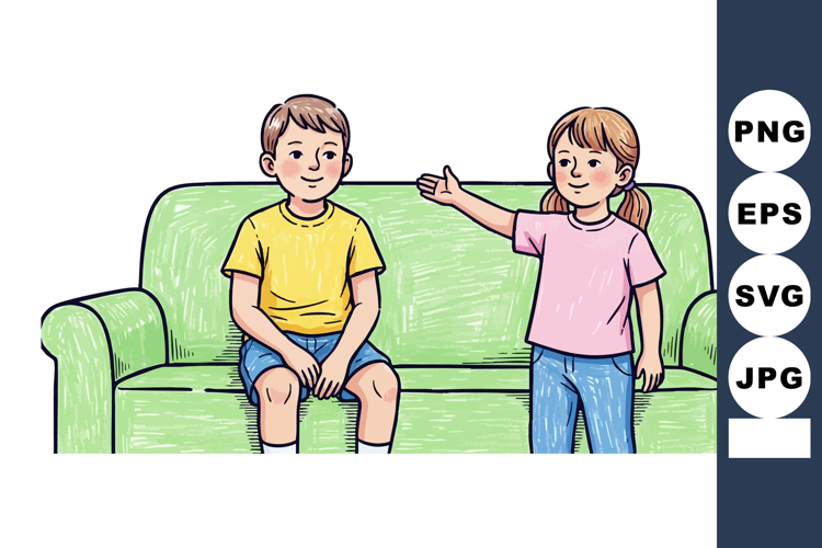 Children sitting and talking on green couch friendly interac