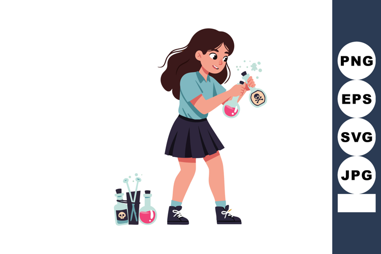 Girl holding chemical bottles with skull symbols in school s