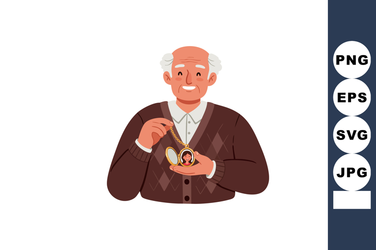 Elderly Man Holding Open Locket with Woman Portrait Vector I