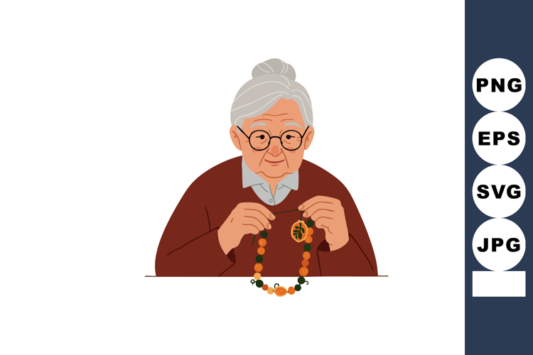 Elderly woman crafting jewelry with beads and pendant in bro