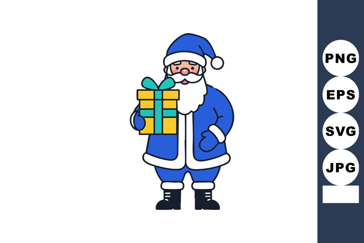 Santa Claus holding gift box in blue suit and hat Christmas