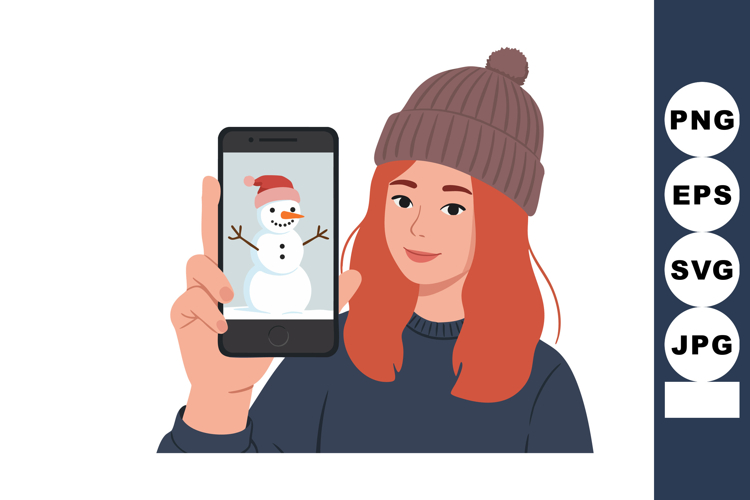 Woman with red hair taking selfie with snowman on smartphone