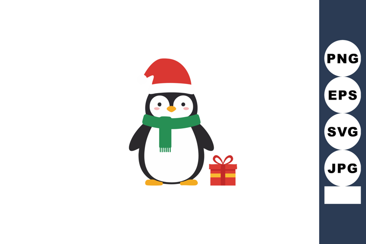 Penguin Wearing Santa Hat and Green Scarf with Gift Present