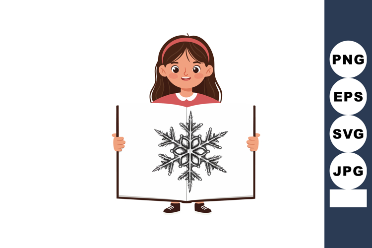 Girl holding paper with black snowflake illustration winter