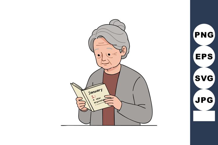 Elderly woman reading calendar starting new year on January