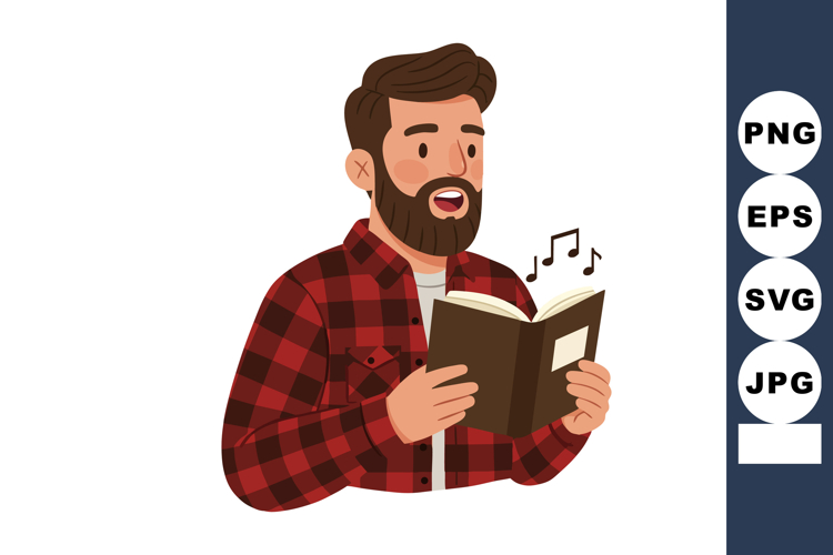 Man singing from book with beard and checkered red shirt vec