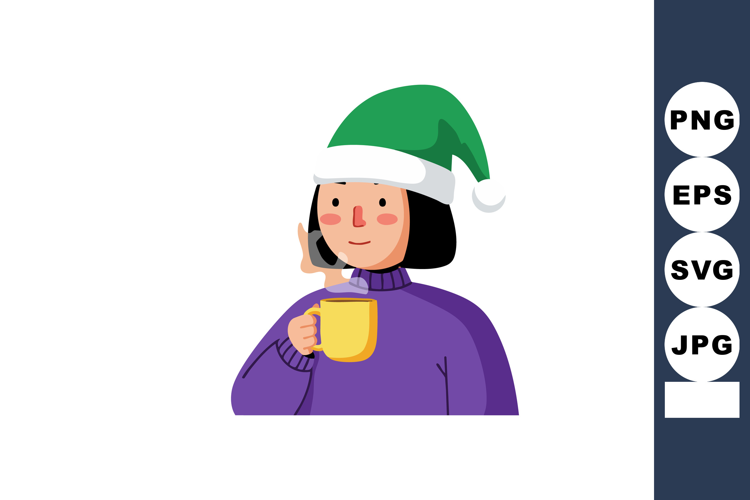 Woman Wearing Green Santa Hat Holding Yellow Mug and Talking