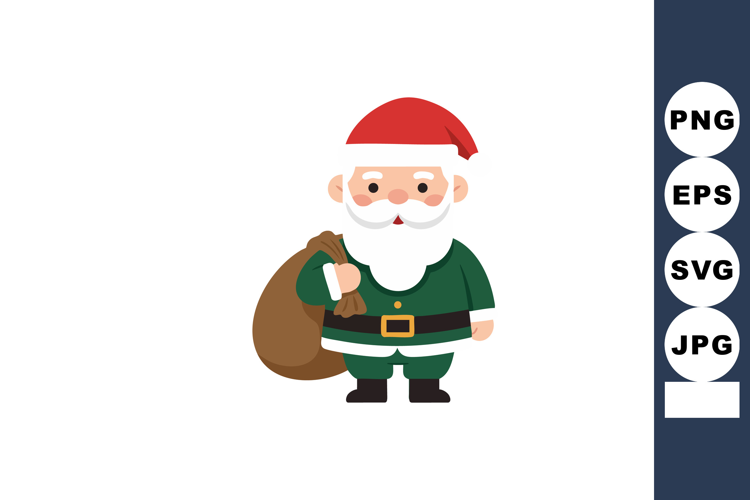 Santa Claus in green outfit carrying brown sack Christmas ch