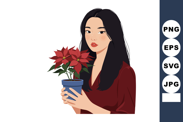 Woman holding red poinsettia plant in blue pot with dark hai