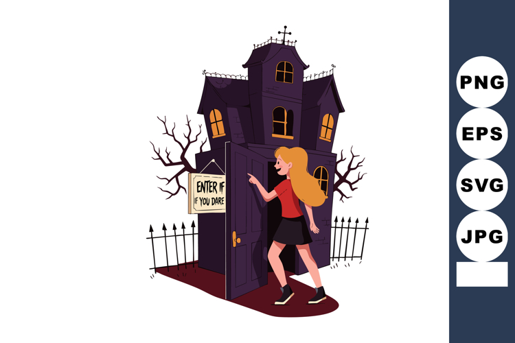 Girl entering spooky haunted house with dark purple walls an example image 1