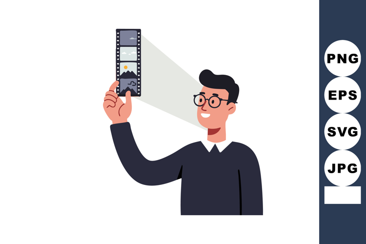 Man holding filmstrip with images and music symbols in flat