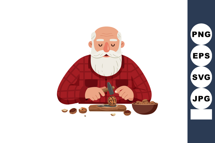 Elderly man cracking walnuts with hammer in cozy red shirt v
